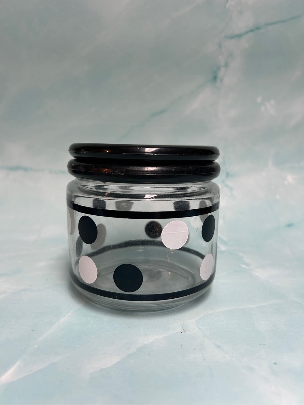 Vintage KIG  Storage Container Indonesia Polka Dot Glass Jar with Black Lid